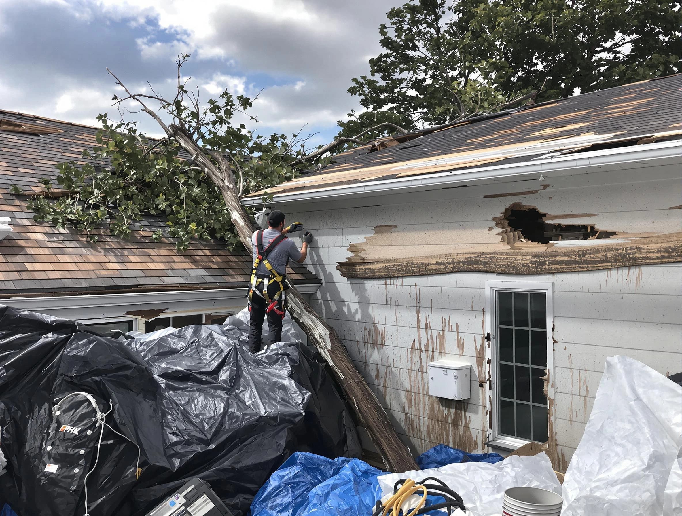 Hudson Roofing Company technicians handling urgent roof damage in Hudson, OH