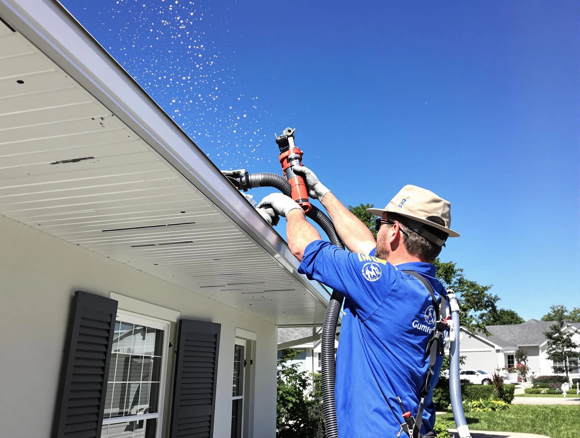 Technician completing a gutter cleaning project by Hudson Roofing Company in Hudson, OH