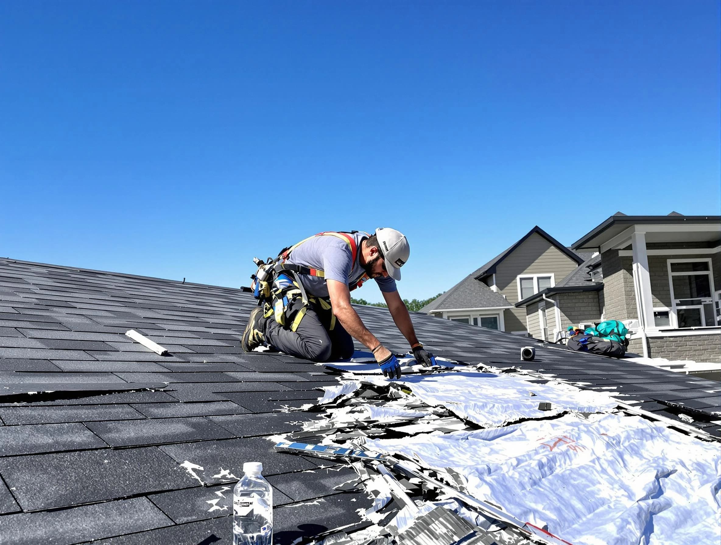 Hudson Roofing Company repairing a roof section in Hudson, OH