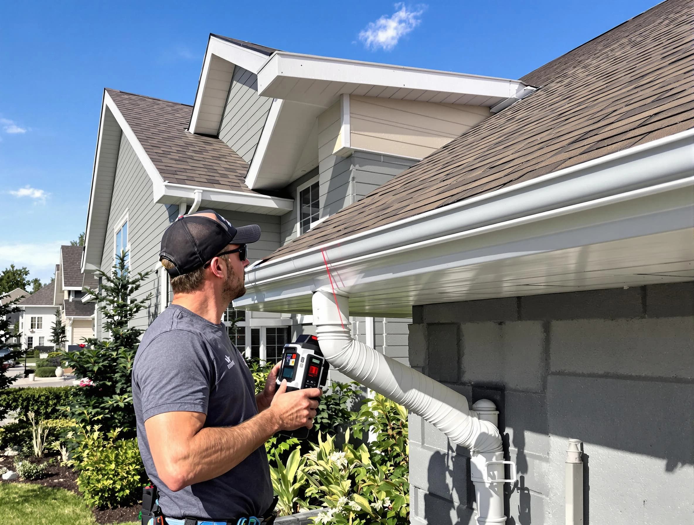 Hudson Roofing Company installing seamless gutters in Hudson, OH